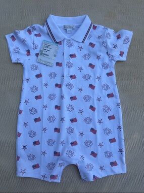 Kissy Kissy White Polo Romper with Red & Blue Flag and Firework Print